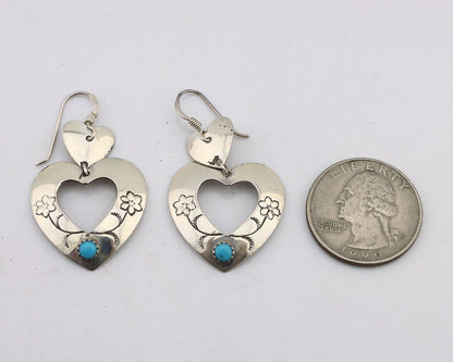Navajo Dangle Heart Earrings Handmade 925 Silver Blue Turquoise Native Artist 80