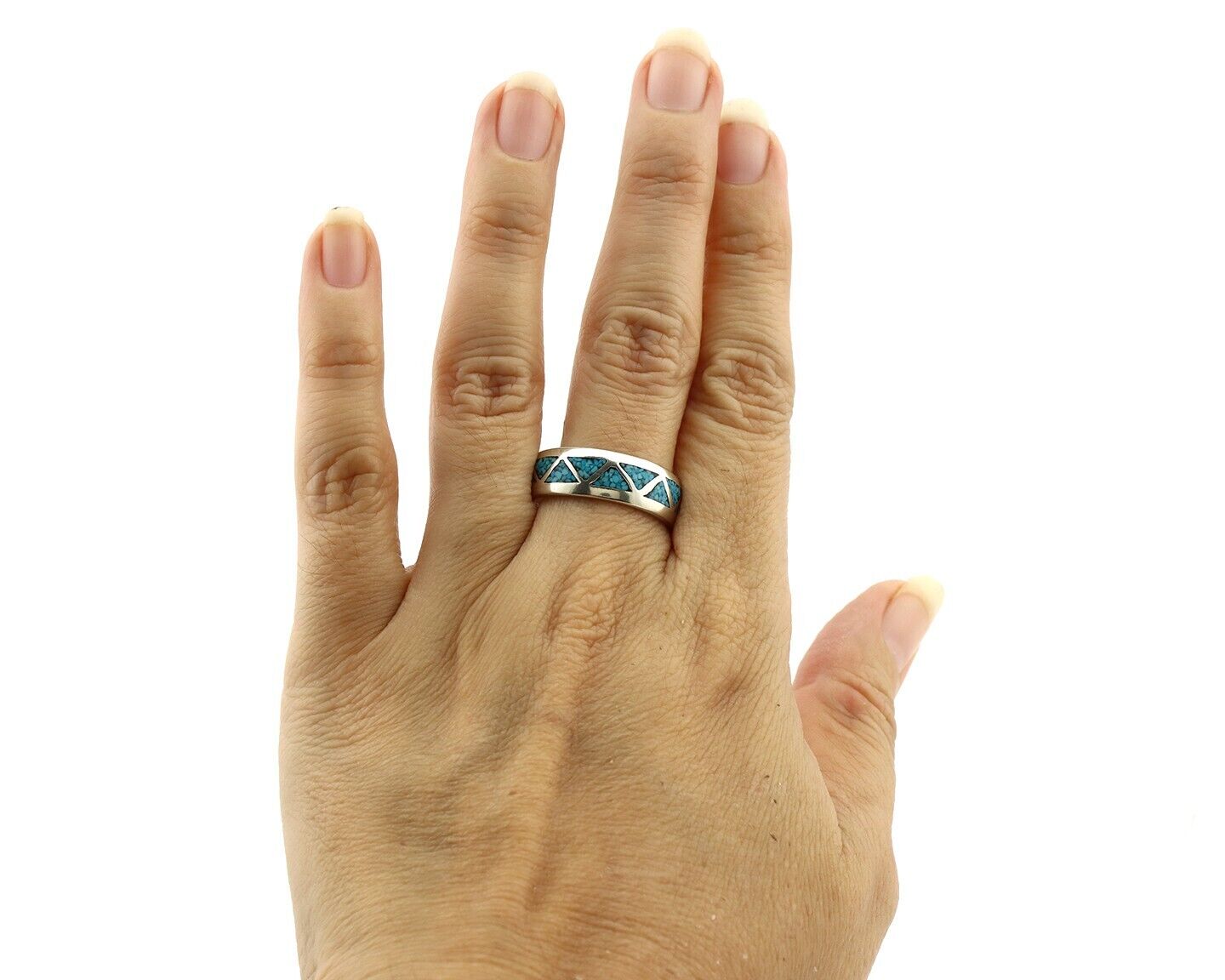 Navajo Chip Inlay Ring 925 Silver Sleeping Beauty Turquoise Artist Silver Cloud