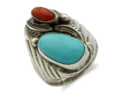 Navajo Ring 925 Silver Coral & Globe Turquoise Native American Artist C.1970's
