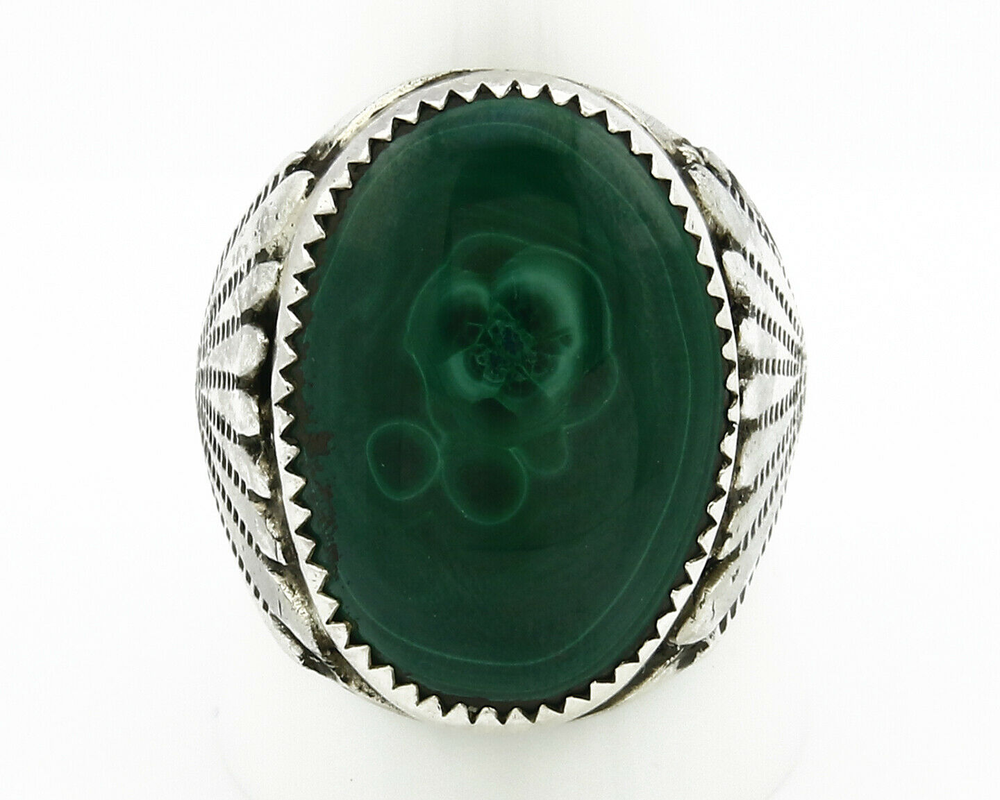 Navajo Ring .925 Silver Natural Malachite Signed Artist P Handmade C.80's