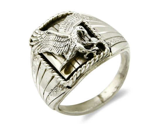Navajo Ring .925 Silver Handmade Eagle Native Pattern Signed Artist S Ray C.80's