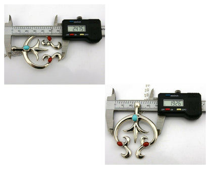 Navajo Necklace .925 Silver Natural Red Coral Turquoise Artist Native C.80's