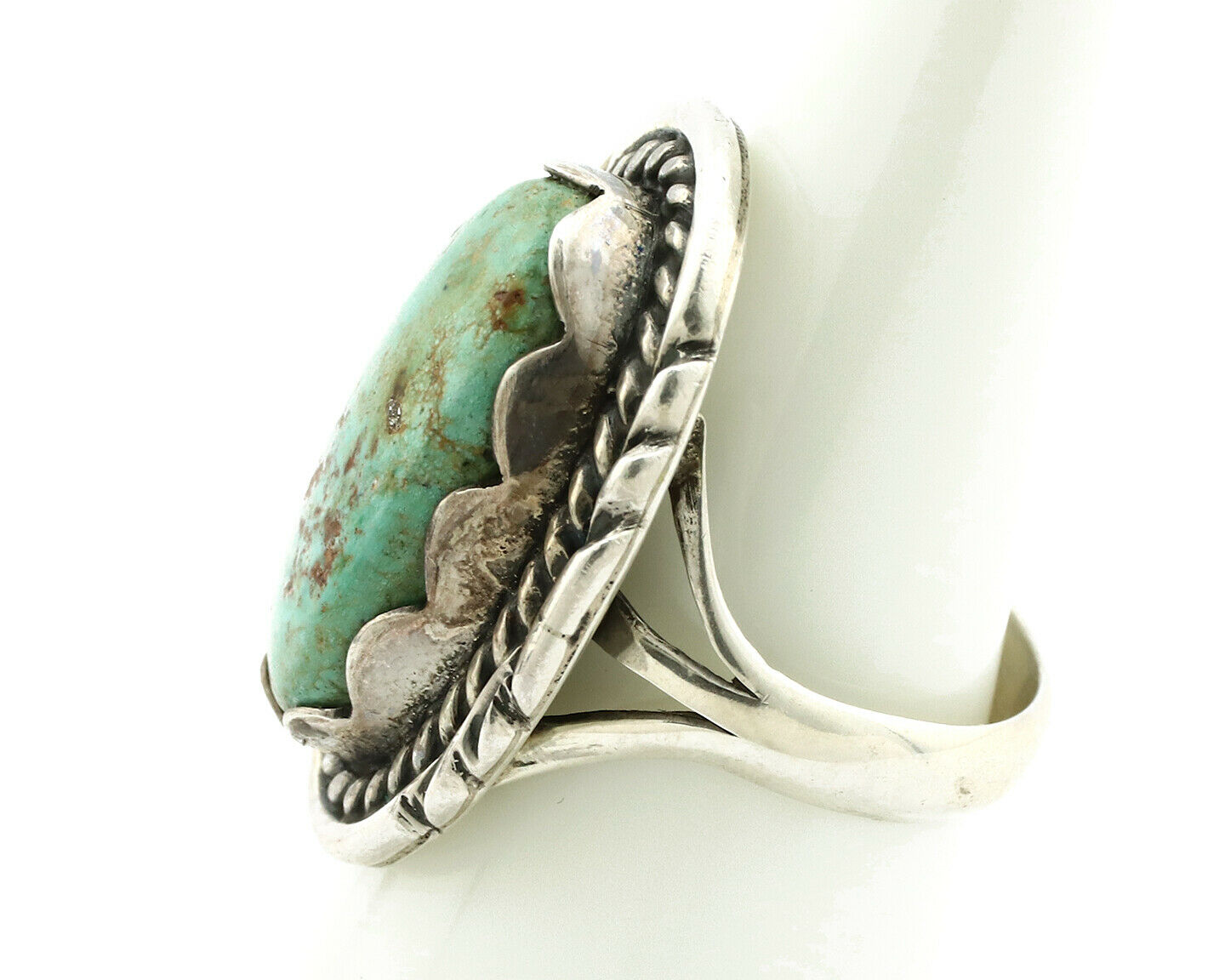 Navajo Ring .925 Silver Natural Uncolored Green Turquoise Signed Apache C.80's