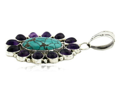 Navajo Pendant .925 Silver Natural Turquoise & Amethyst Signed Artist BP C.80's
