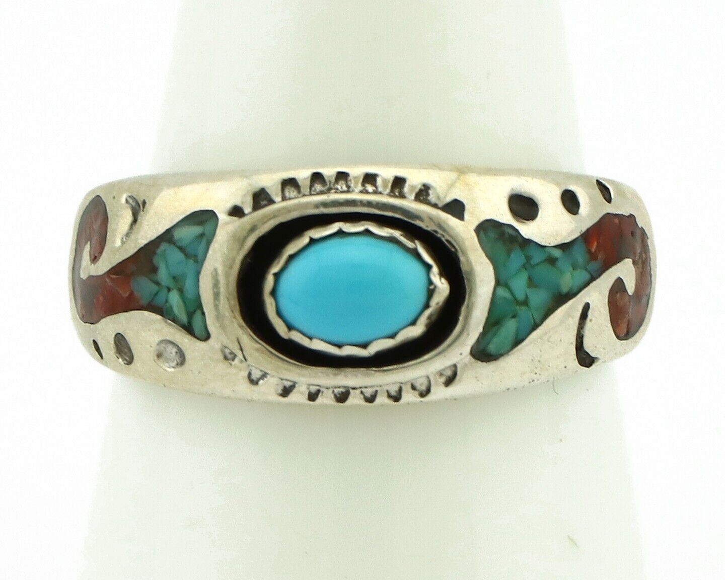 Navajo Handmade Ring 925 Silver Blue Turquoise & Coral Native American C.80's