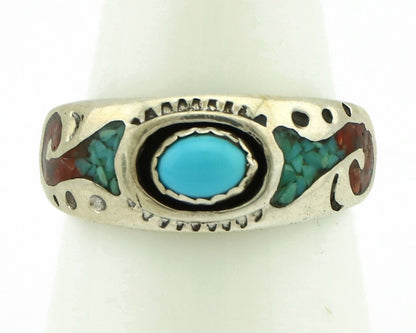 Navajo Handmade Ring 925 Silver Blue Turquoise & Coral Native American C.80's