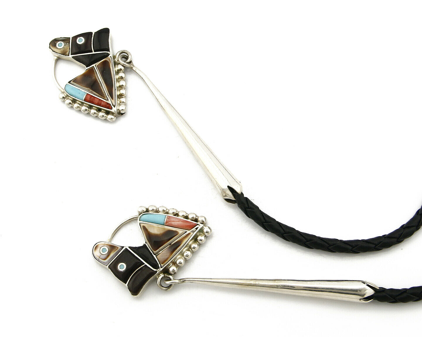 Navajo Bolo Tie .925 Silver Natural Gemstone Signed Artist WB Circa 1980's
