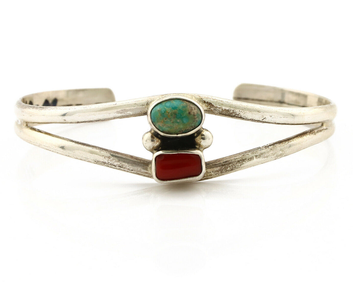 Navajo Bracelet .925 Silver Turquoise & Coral Artist Native American C.1980's