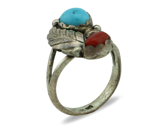 Navajo Ring .925 Silver Turquoise & Coral Native American Artist C.1980's