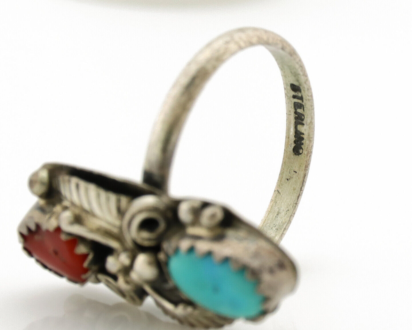 Navajo Ring 925 Silver Turquoise & Coral Artist Signed Native American C.80s