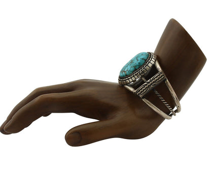 Navajo Bracelet 925 Silver Natural Blue Spiderweb Turquoise Signed Tom Willeto