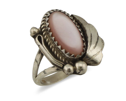 Navajo Ring .925 Silver Natural Pink Mussel Artist Signed Justin Morris C.80's