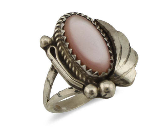 Navajo Ring .925 Silver Natural Pink Mussel Artist Signed Justin Morris C.80's