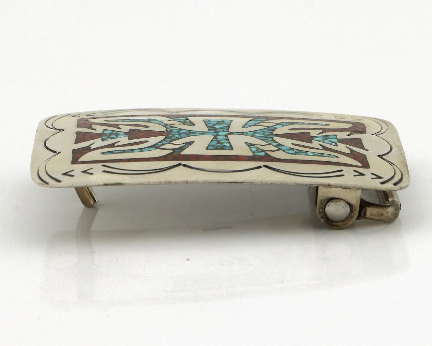 Navajo Belt Buckle 925 Silver Handmade Chip Inlay Native American Artist C.80s