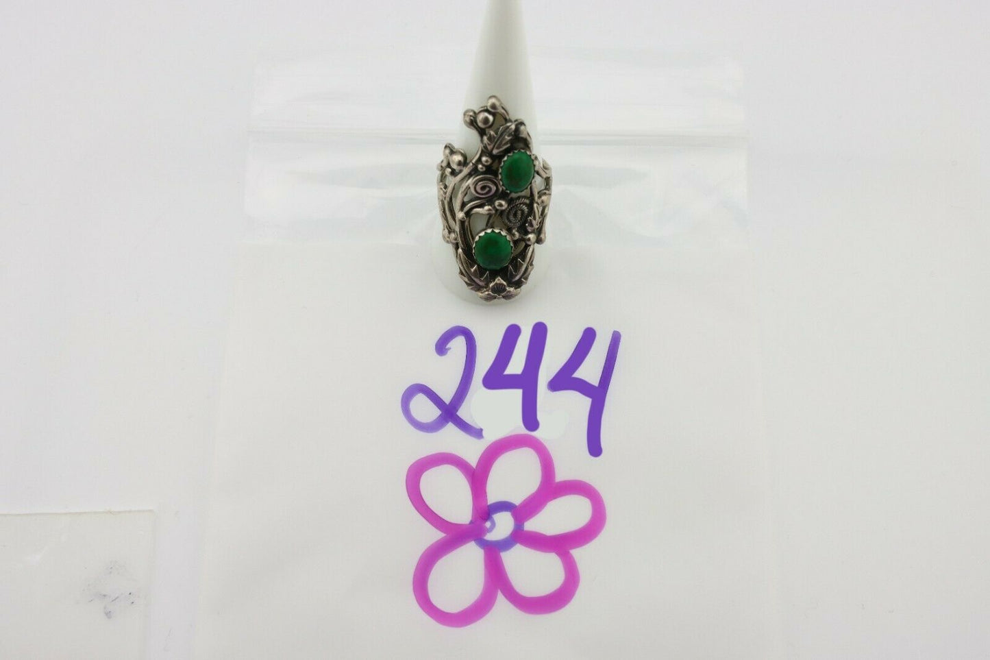Navajo Ring .925 Silver Green Southwest Turquoise Signed Prairie Fire C.80's