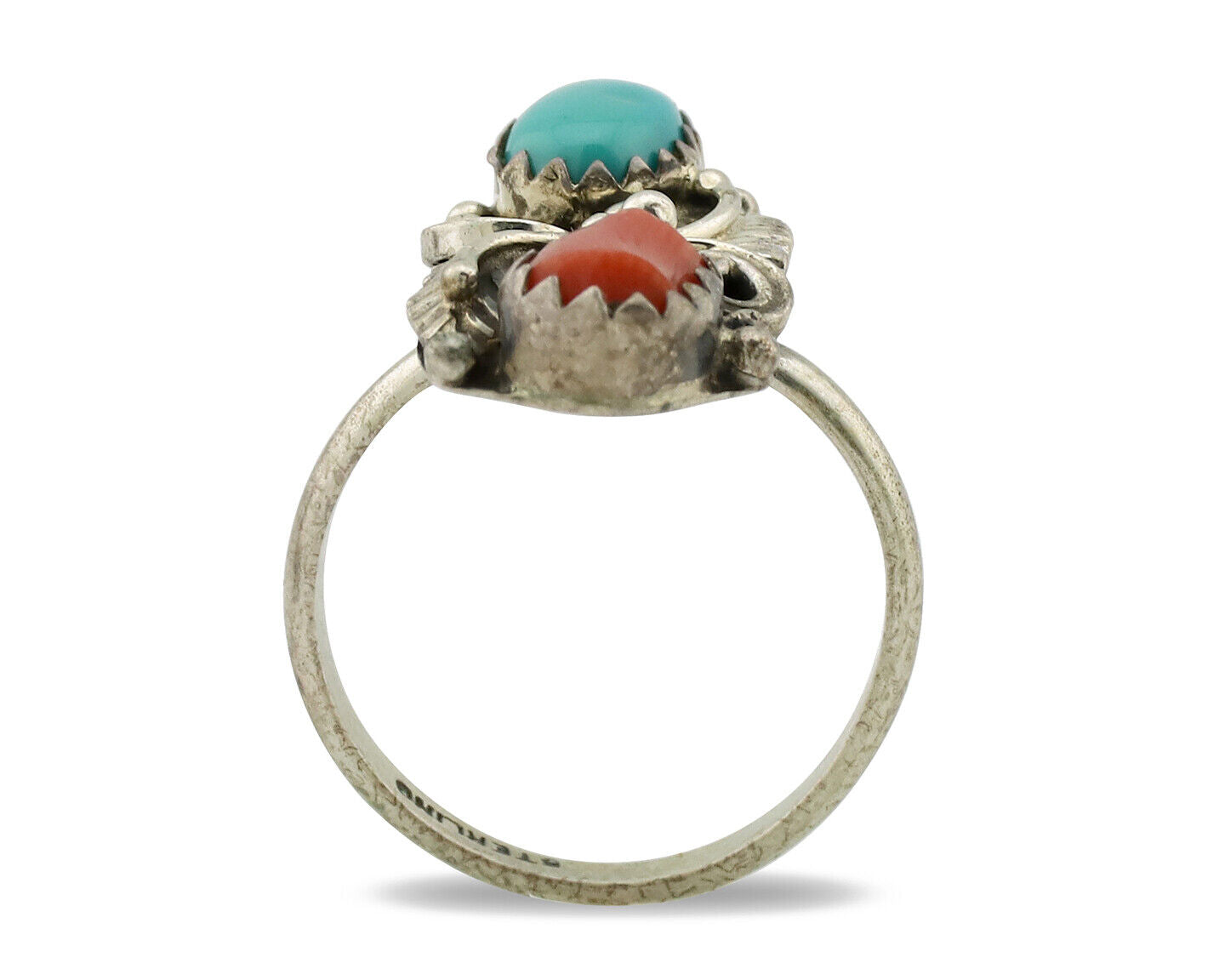 Navajo Ring 925 Silver Coral & Turquoise Handmade Native American Artist C.1980s