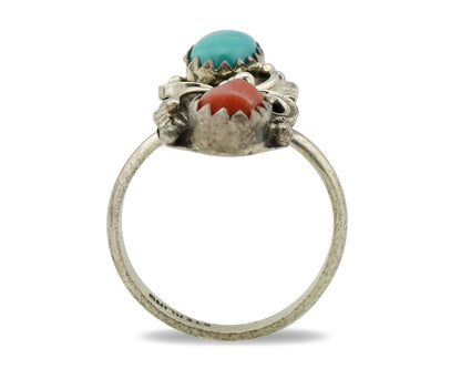 Navajo Ring 925 Silver Coral & Turquoise Handmade Native American Artist C.1980s