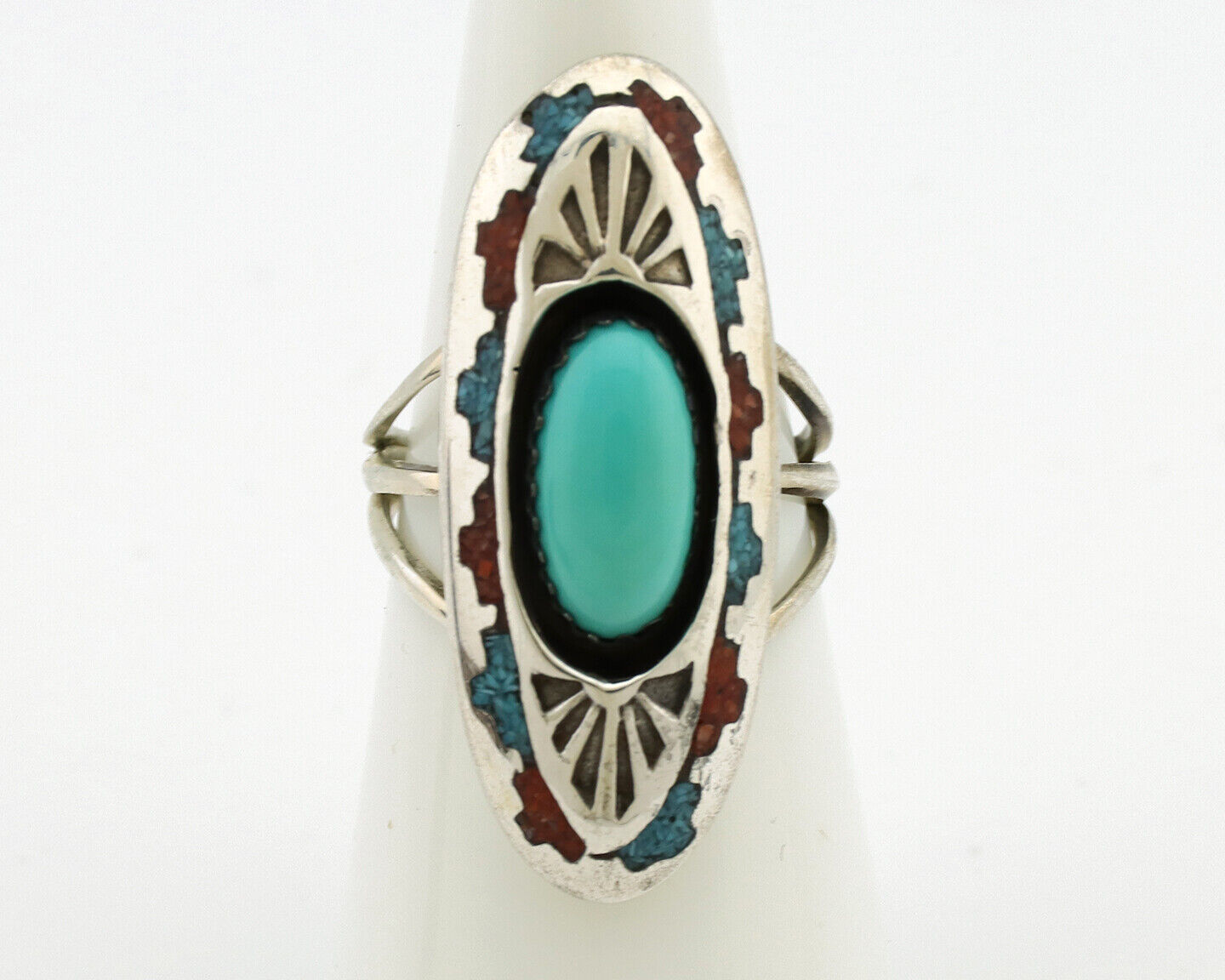 Navajo Ring 925 Silver Turquoise & Coral Signed Circle JW C.80s