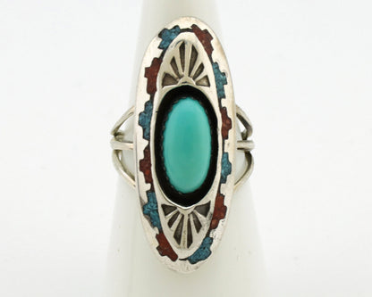 Navajo Ring 925 Silver Turquoise & Coral Signed Circle JW C.80s