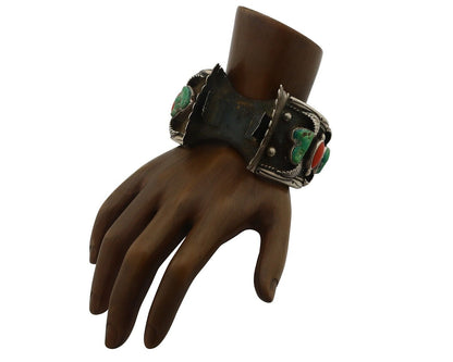 Navajo Cuff Watch Bracelet 925 Silver Green Turquoise Coral Native American C70s