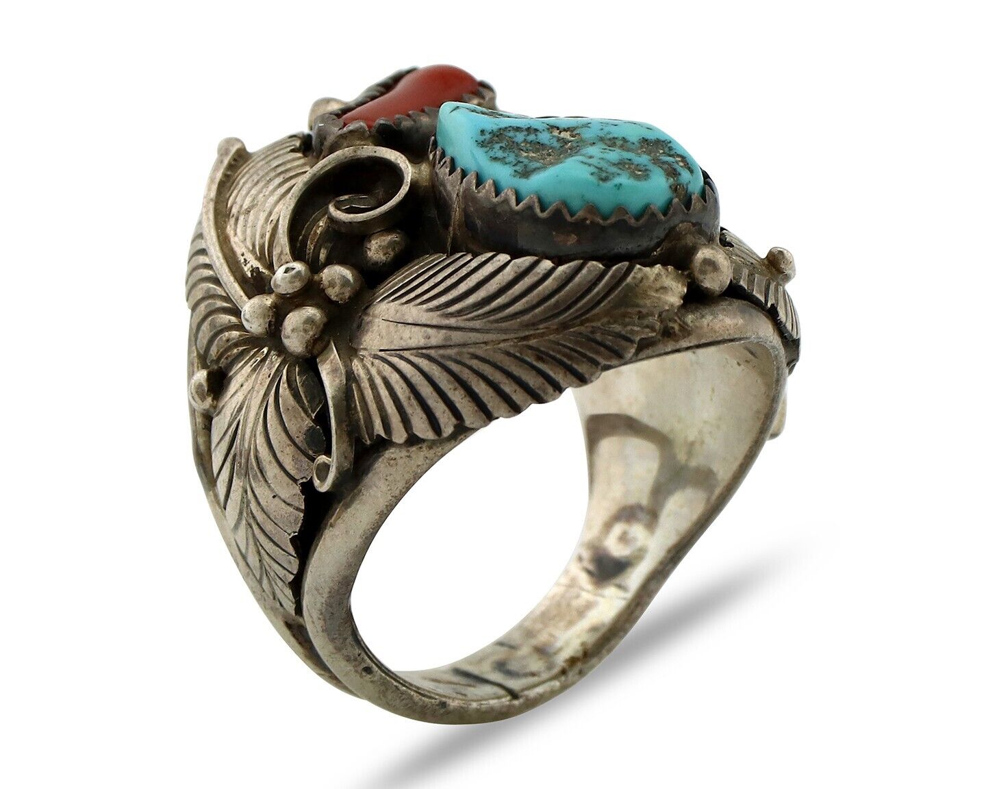 Navajo Ring 925 Silver Blue Turquiose & Mediterranean Coral Native Artist C.80's