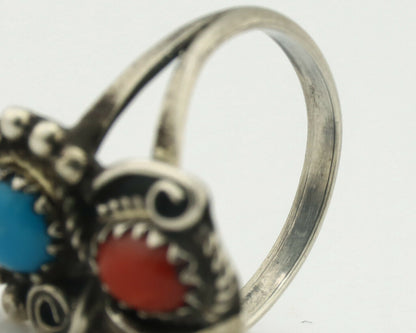 Navajo Ring .925 Silver Morenci Turquoise & Red Stone Native Artist Signed JM C.80's