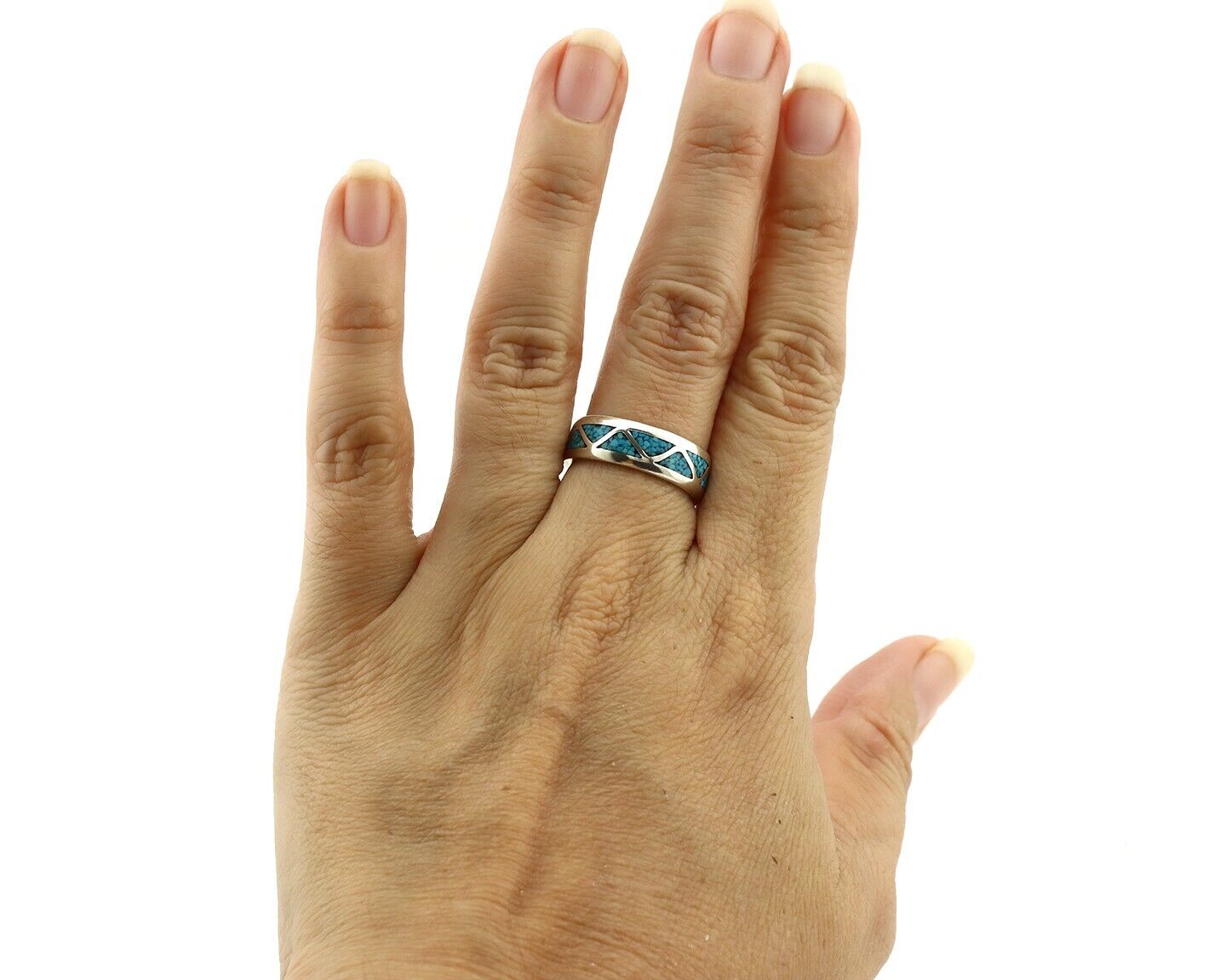 Navajo Chip Inlay Ring 925 Silver Sleeping Beauty Turquoise Artist Silver Cloud