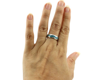 Navajo Chip Inlay Ring 925 Silver Sleeping Beauty Turquoise Artist Silver Cloud