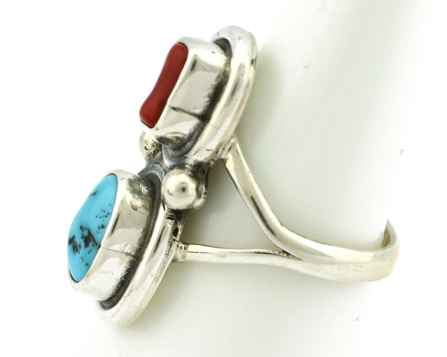 Navajo Ring .925 Silver Red Coral & Blue Turquoise Native Artist C.80's