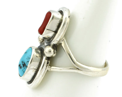 Navajo Ring .925 Silver Red Coral & Blue Turquoise Native Artist C.80's