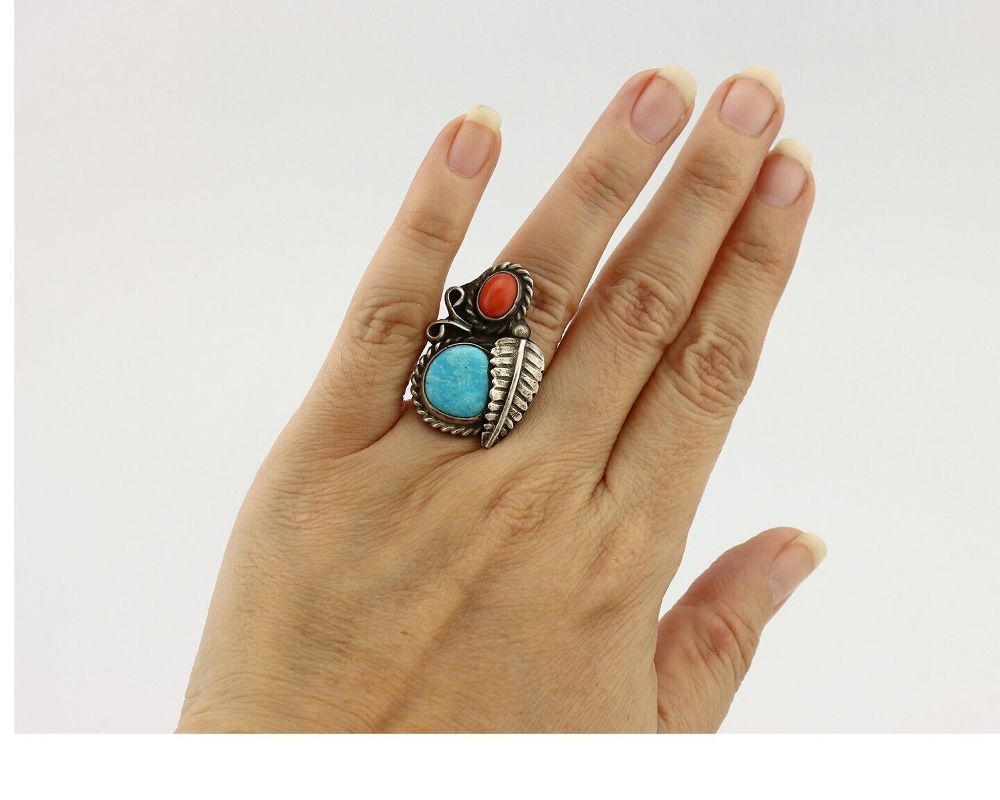 Navajo Handmade Ring 925 Silver Turquiose & Coral Native American Artist C.80's