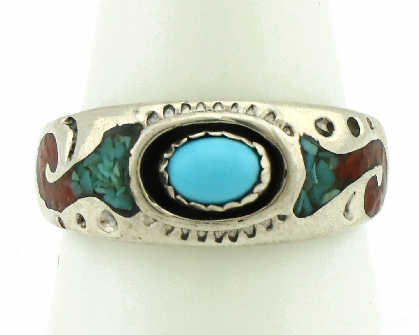 Navajo Handmade Ring 925 Silver Blue Turquoise & Coral Native American C.80's