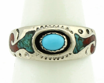 Navajo Handmade Ring 925 Silver Blue Turquoise & Coral Native American C.80's