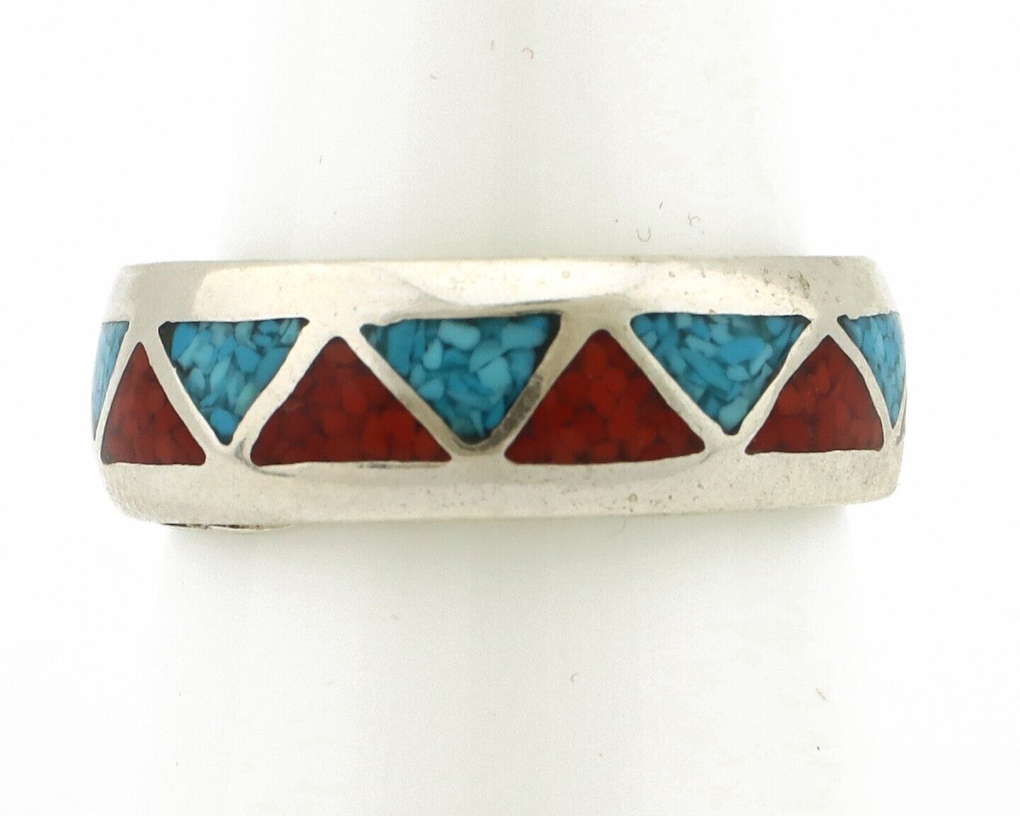 Navajo Chip Inlay Ring 925 Silver Sleeping Beauty Turquoise & Coral Silver Cloud