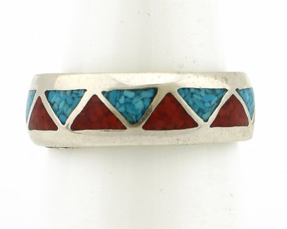 Navajo Chip Inlay Ring 925 Silver Sleeping Beauty Turquoise & Coral Silver Cloud