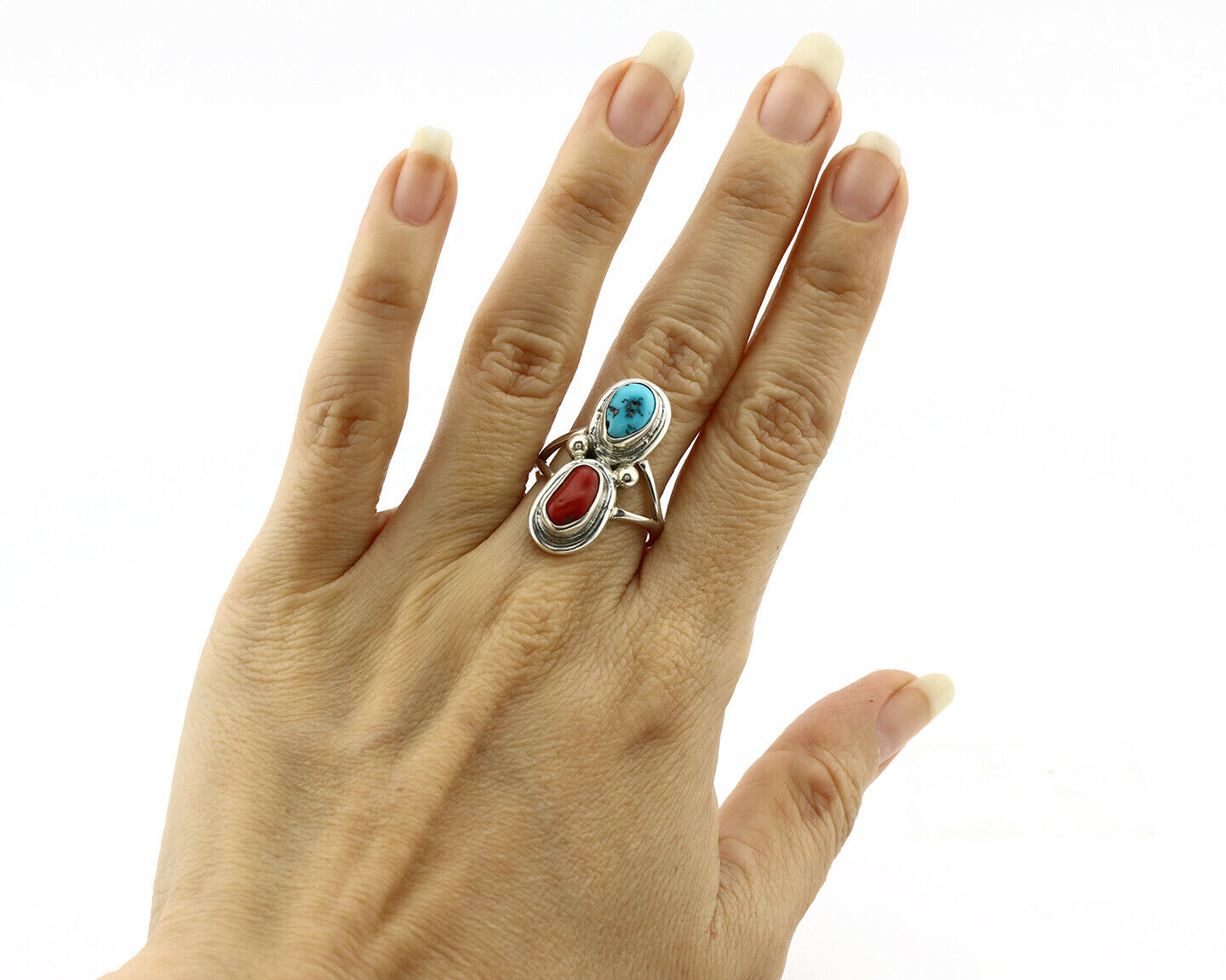 Navajo Ring .925 Silver Red Coral & Blue Turquoise Native Artist C.80's