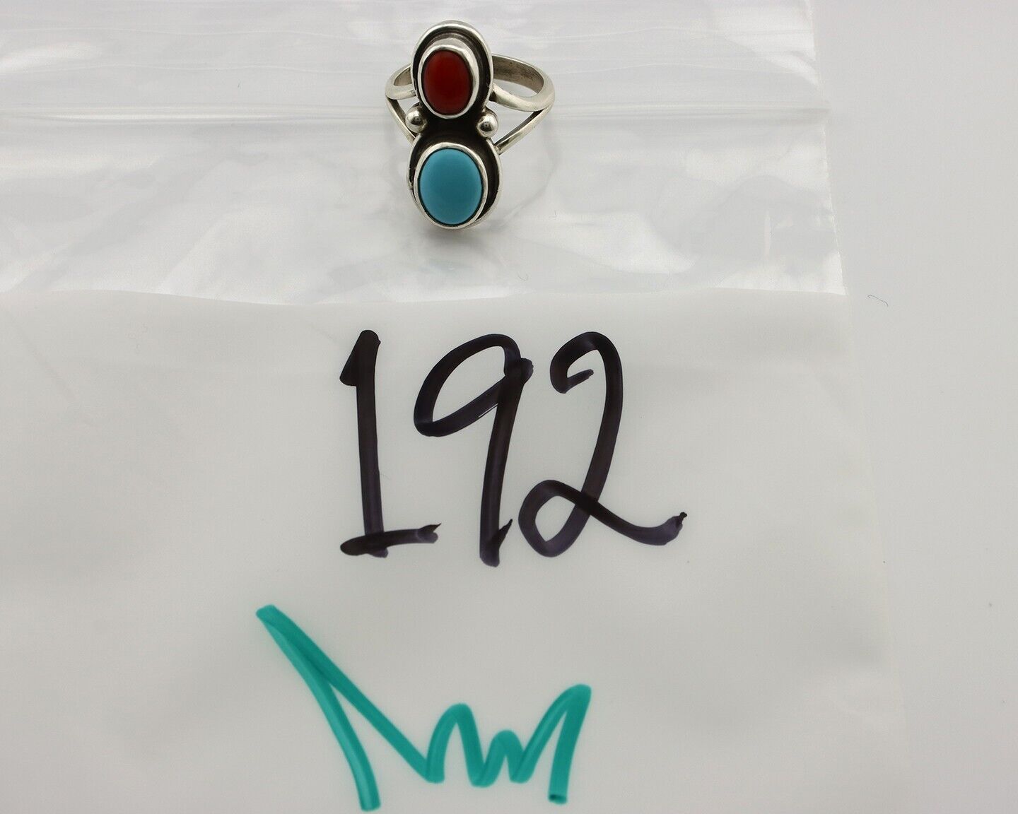 Navajo Handmade Ring 925 Silver Coral & Turquoise Native American Artist C.80's