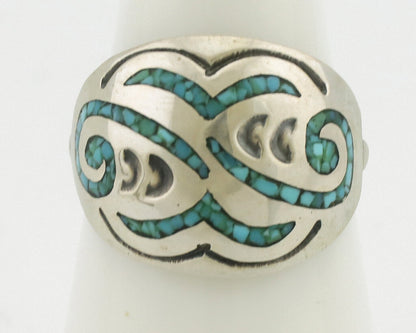 Navajo Ring 925 Silver Chip Inlay Turquoise Artist Signed Thomas Singer C.80's