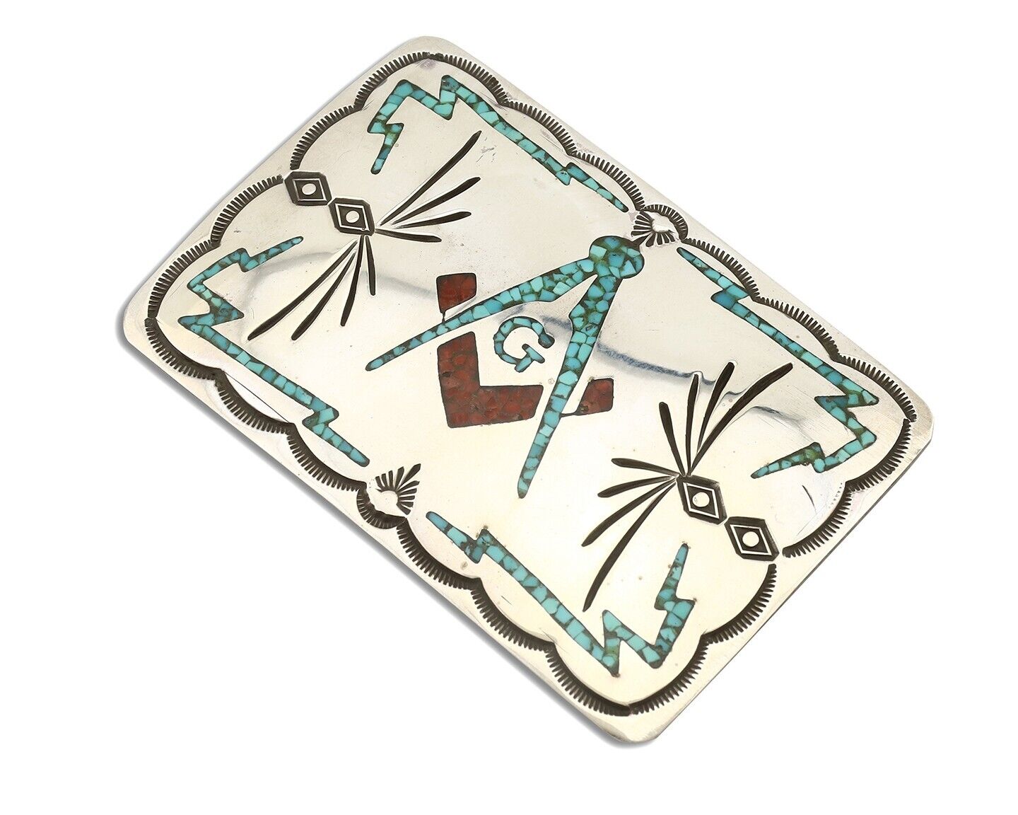 Navajo Belt Buckle .925 Silver Handmade Chip Inlay Artist Signed Bee Gay C.80's