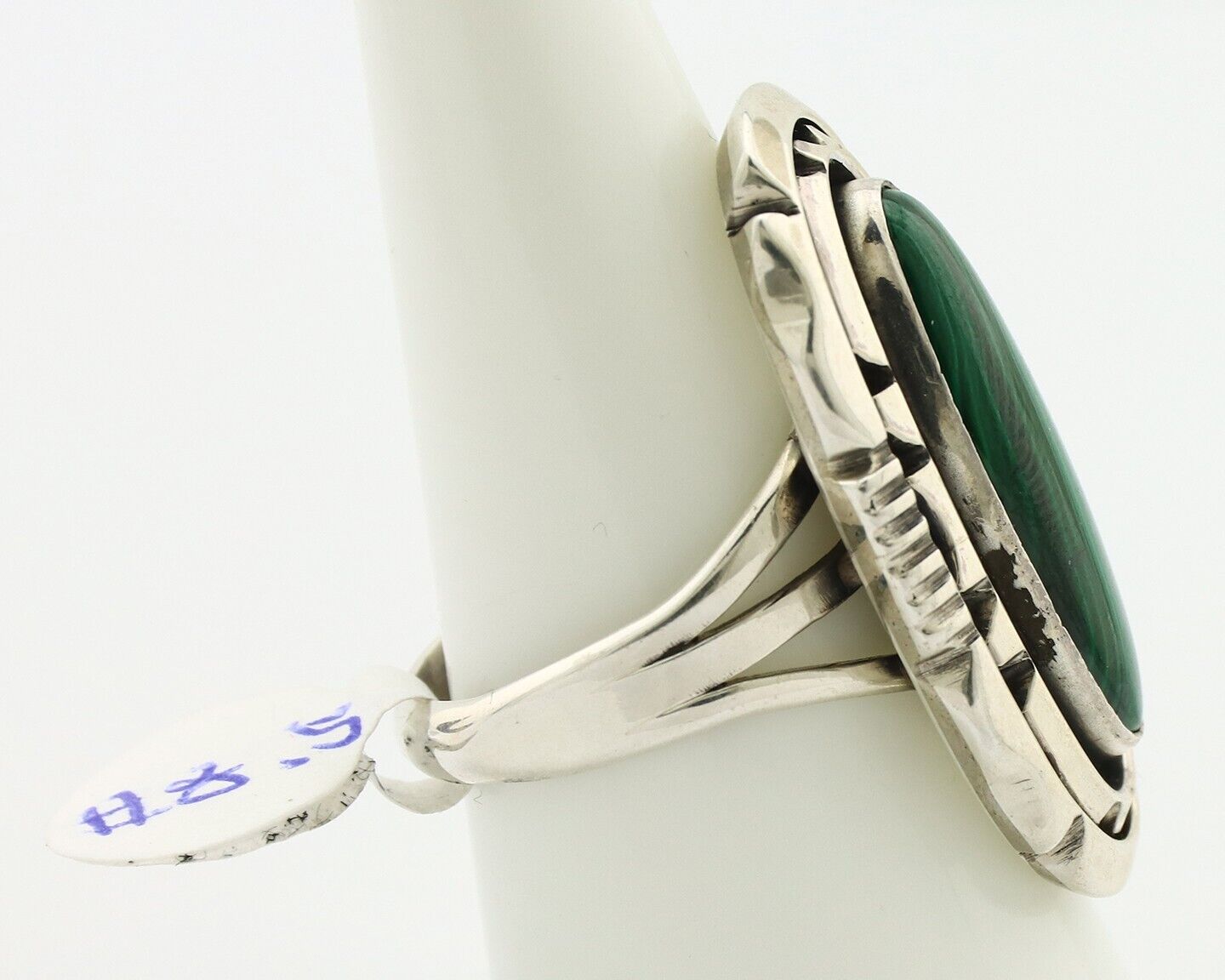 Navajo Ring .925 Silver Malachite Hand Stamped Signed William Denetdale C.80's