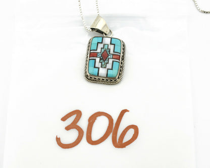 Navajo Handmade Inlaid Gemstone Pendant .925 Silver Signed SN C.80's