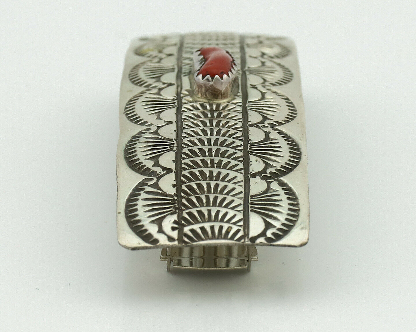 Women's Navajo Hair Clip .925 Silver Inlaid Red Coral Artist Signed WB C.80's