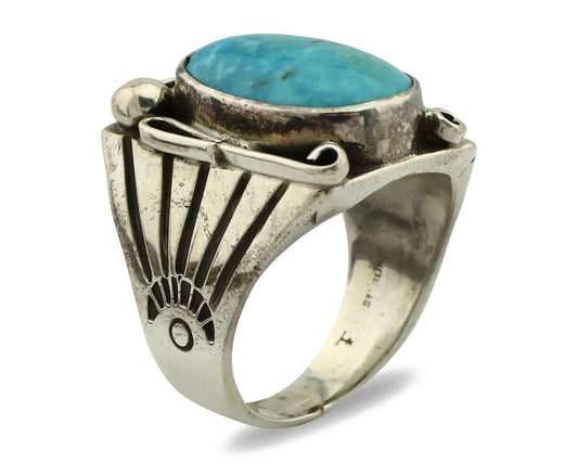 Navajo Ring .925 Silver Blue Turquoise Artist Signed T C.80's
