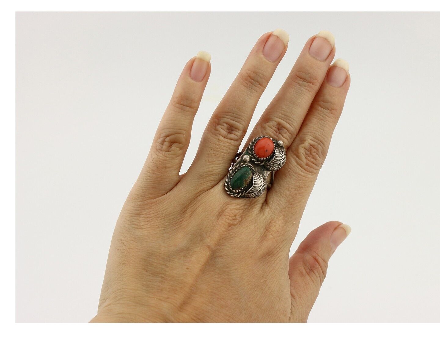 Navajo Ring 925 Silver Green Turquiose & Mediterranean Coral Native Artist C80s