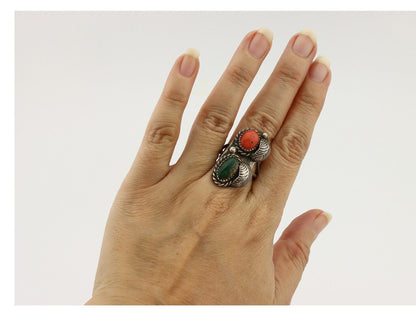 Navajo Ring 925 Silver Green Turquiose & Mediterranean Coral Native Artist C80s