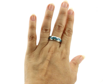 Navajo Chip Inlay Ring 925 Silver Sleeping Beauty Turquoise Artist Silver Cloud