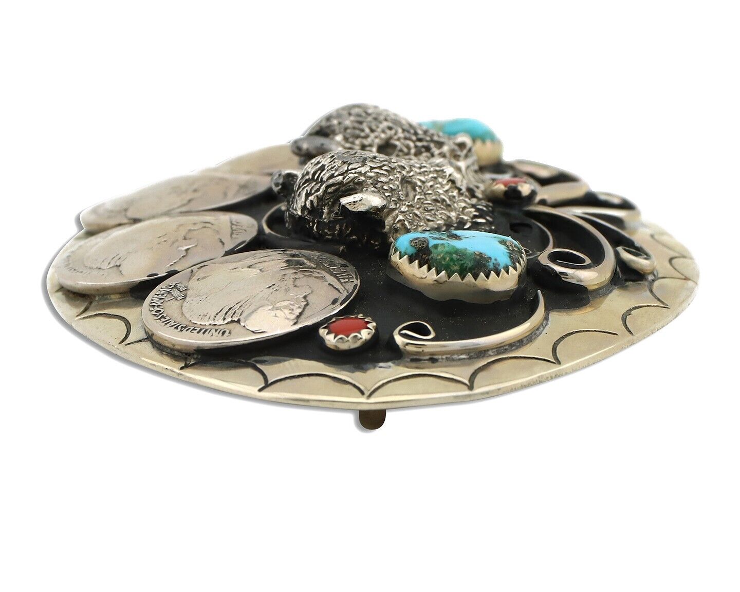 Navajo Buffalo Belt Buckle Nickle Silver Gemstone Handmade Native American C.80s