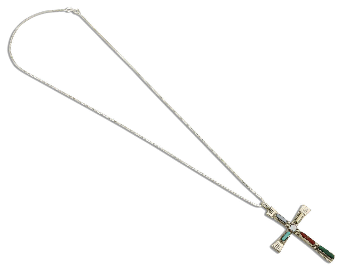 Zuni Handmade Cross Necklace 925 Silver Natural Gemstone Signed C. IULE C.80's