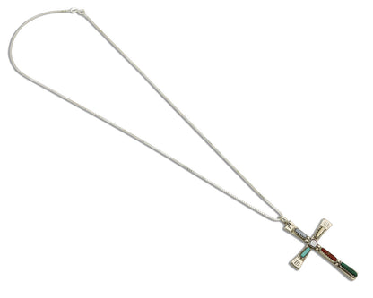 Zuni Handmade Cross Necklace 925 Silver Natural Gemstone Signed C. IULE C.80's