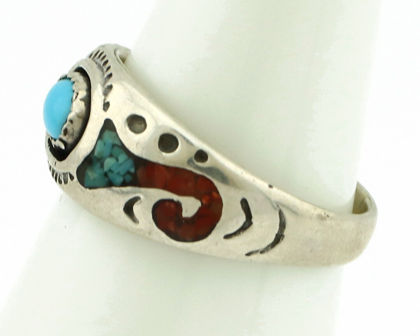 Navajo Handmade Ring 925 Silver Blue Turquoise & Coral Native American C.80's